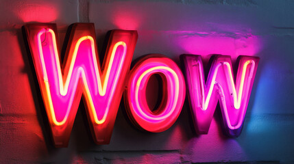 The text "Wow" in a sleek, glowing neon font with a radiant effect, resembling neon signs from a busy city at night.