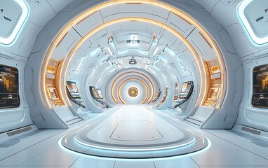 Fototapeta premium Futuristic spaceship corridor with glowing lights and circular design.