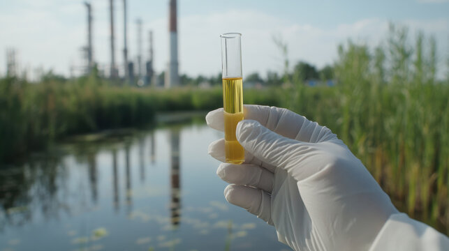 A hand in a glove holds a test tube with yellow liquid near a body of water, with industrial structures in the background.