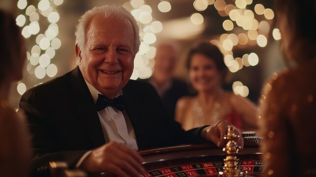 A joyful elderly man smiles while playing roulette at a glamorous casino party, surrounded by festive lights and elegant guests.