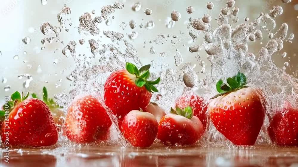 Fototapete fresh strawberries create a vibrant scene with droplets of water splashing around them. the explosio