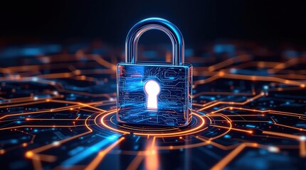 Cybersecurity concept. Digital padlock on a futuristic circuit board. Protection, security, data privacy