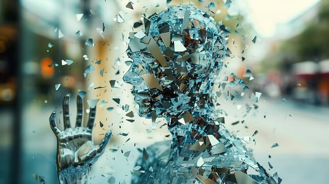 Surreal glass figure  a human form crafted from shards capturing unique social interactions
