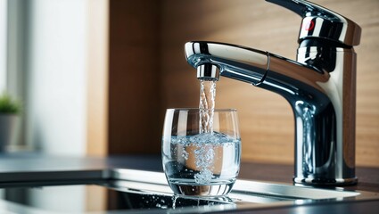 Shiny chrome tap fills a clean glass with water in a modern kitchen
