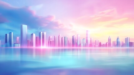 Fototapeta premium A breathtaking futuristic cityscape emerges over tranquil waters at twilight, showcasing glowing skyscrapers and a vibrant skyline, blending technology with serene natural beauty.