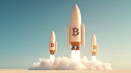 Obraz premium Three rockets with Bitcoin symbols launch into a clear sky, symbolizing the rise of cryptocurrency and technological advancement.