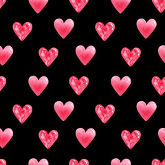 Watercolor seamless pattern with pink watercolor hearts on a black background. Hand drawn cute painted Valentine's Day endless  background. Artistic watercolor stains textured doodle heart shapes.