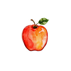 Watercolor Red Apple: A vibrant red apple with a delicate green leaf, painted in a watercolor style, exudes a sense of freshness and sweetness.  