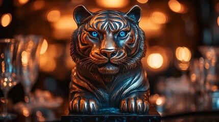 Wooden tiger sculpture with gemstone accents in a glamorous party venue. Generative AI