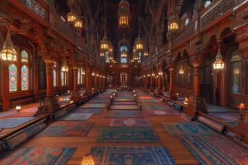 Obraz premium Ornate prayer hall interior, wooden architecture, carpets, lamps. Peaceful worship space, travel, culture