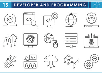 A set of line icons related to Developer and Programming. Develop, programming, coding, cloud, training, computer, network, and so on. Vector editable stroke.