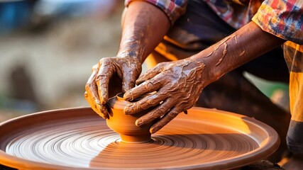 Potter creating clay pot on spinning wheel