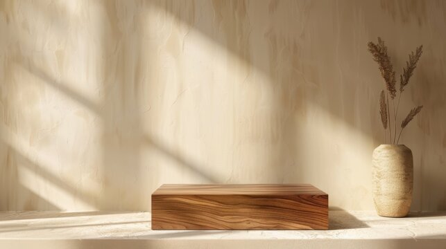 Rectangular wooden pedestal on a sunlit beige surface with shadows, next to a textured vase holding dried pampas grass, ideal for product display