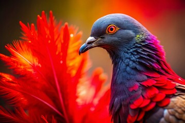 Obraz premium Silhouette of Pigeon with Red Feather, Abstract Tropical Plumage, Soft Wing Pattern