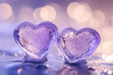 Fototapeta premium Two sparkling ice purple hearts with a romantic bokeh background for valentine s day celebration