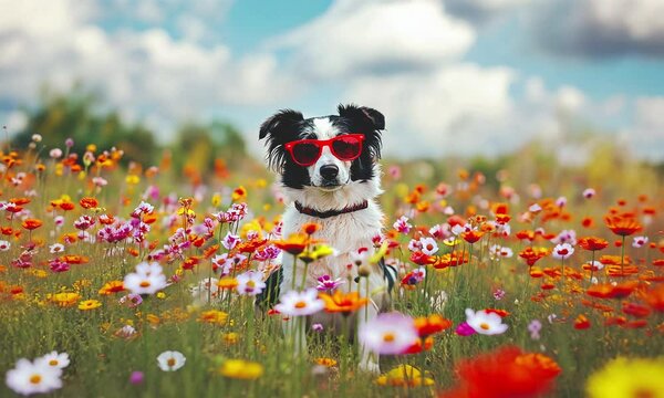 Gog sitting in flowers in field.