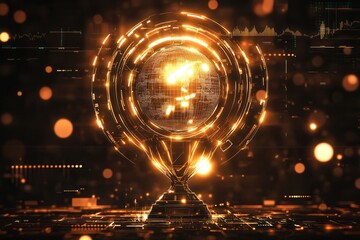 Modern Golden Trophy Concept with Financial Elements and Digital Graphics Representing Achievement and Success in a Futuristic Environment