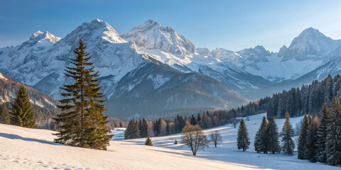 A Beautiful Winter Landscape in the Alps, Showcasing Snow-Capped Mountains and Scenic Views