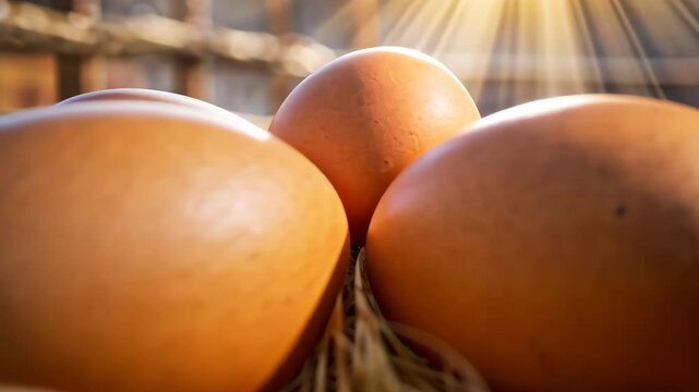 Eggs lying in sunlit hay nest with sun glow in rustic barn, festive spring, celebration Easter concept