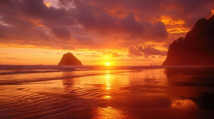 Taitomo Island, Piha There is a sunset showing red.