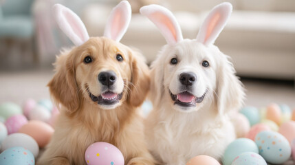 Golden retrievers with bunny ears surrounded by colorful eggs, exuding joy and playfulness. Perfect for Easter celebrations and pet themed events