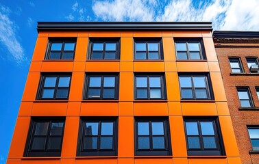 Fototapeta premium Photo of an orange facade with black windows, a building on the right side, and a blue sky in the background.