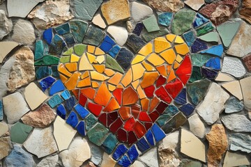 A colorful mosaic heart made of various stones and tiles on a textured background.