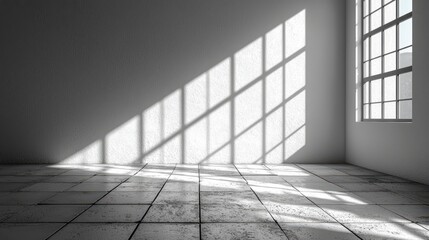 Sunlit minimalist room interior with large window and tiled floor.