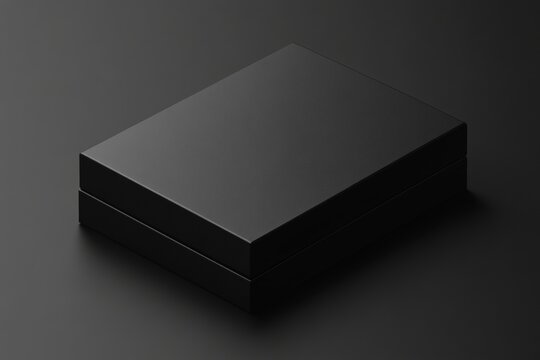 Realistic black rectangular box mockup in isometric view against a dark background for presentations