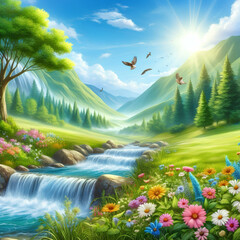 Fototapeta premium landscape with lake and forest