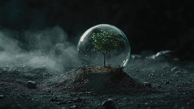 A glowing green sapling enclosed in a transparent sphere, symbolizing sustainability, protection, and the fragility of life in a dark, textured environment. Generative AI.