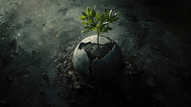 A glowing green sapling enclosed in a transparent sphere, symbolizing sustainability, protection, and the fragility of life in a dark, textured environment. Generative AI.