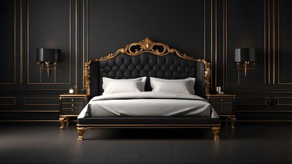 Bedroom furniture interior design, black furniture bed interior living room design with empty space, black luxury background