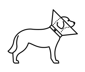 Recovery collar for dog, icon. Line icon of dog with protective cone on dogs neck. Veterinary linear illustration, pictogram, editable strokes.