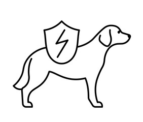Dog health, line icon. Silhouette of dog and lightning on the shield. Veterinary linear illustration, pictogram, editable strokes.