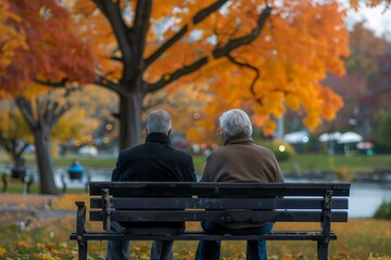 Two retired men are relaxing on a park bench, admiring the vibrant autumn foliage