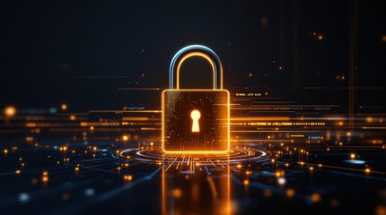 Cybersecurity concept. Futuristic digital padlock on a circuit board background. Represents data protection, online security, and digital safety