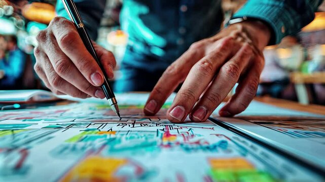hands sketching on colorful detailed map or design document, creative professional working with pen on artistic project layout in vibrant workspace environment
