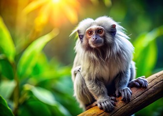Naklejka premium Silvery Marmoset Monkey in Rainforest Habitat - Wildlife Stock Photo
