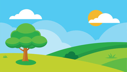 Fototapeta premium Summer field landscape nature hills fields blue sky illustration