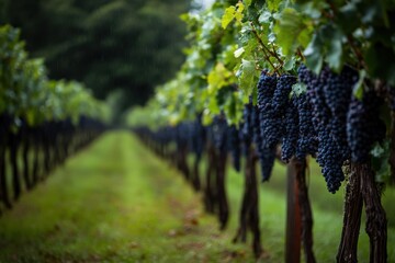 Beautiful vineyard rows featuring lush grapevines with ripe grapes hanging in a serene setting