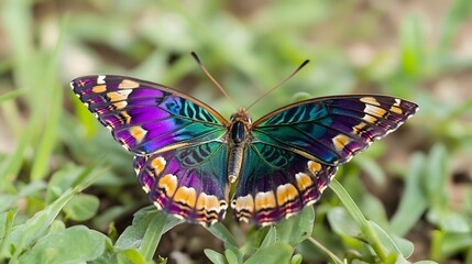 Beautiful iridescent butterfly wings on green grass