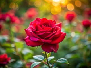 Fototapeta premium Single Red Rose Blooming in a Garden of Red Roses - Minimalist Photography