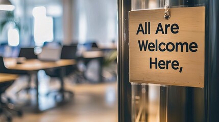 Wooden sign with All Are Welcome Here text. Warm, inviting atmosphere, inclusive environment, hanging sign in workspace, hospitality, friendly message. Generative AI