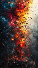 A fiery explosion of colorful nebulae and cosmic debris. Perfect for a phone wallpaper or album art illustrating themes of chaos, destruction, and rebirth.