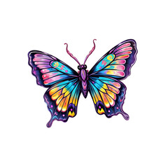 Naklejka premium Vibrant Butterfly: A dazzling butterfly with iridescent wings in shades of purple, orange, and blue, showcases intricate patterns and vibrant colors. A captivating image perfect for design projects.