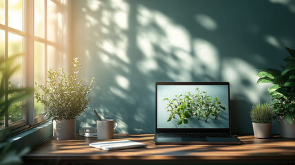 Fototapeta premium Laptop displaying plants on wooden desk in sunlit room.Preparing for planting season, shopping online.