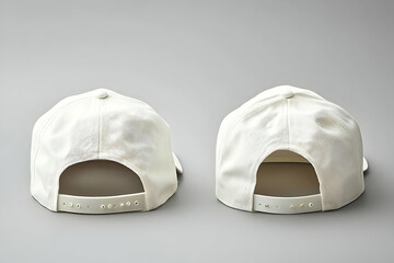 A white baseball cap mockup displayed on a neutral grey background, showing both front and back views.