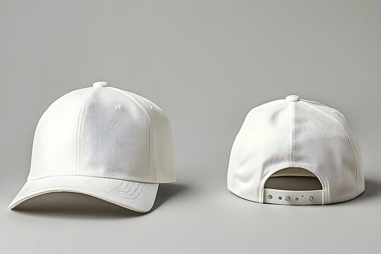 A white baseball cap mockup displayed on a neutral grey background, showing both front and back views.