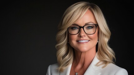 Fototapeta premium Portrait of a Confident Businesswoman. Smiling Woman with Glasses on a Dark Background